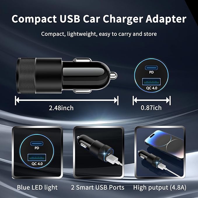 48W USB C Car Charger, Dual Port Fast Car Charger with PD&QC4.0, Ultra-Fast Charging for i Phone 16/15 Pro/Samsung S24, Compatible with Car/Truck/SUV, Perfect for Drivers, Travelers & Tech Enthusiasts