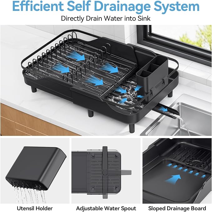 Urackify Expandable Dish Rack for Kitchen Counter,16.14"-23.62" Large Dish Drying Rack with Adjustable Water Spout, Space Saving Dish Drainer with Auto Draining Cutlery Holder, Matte Black