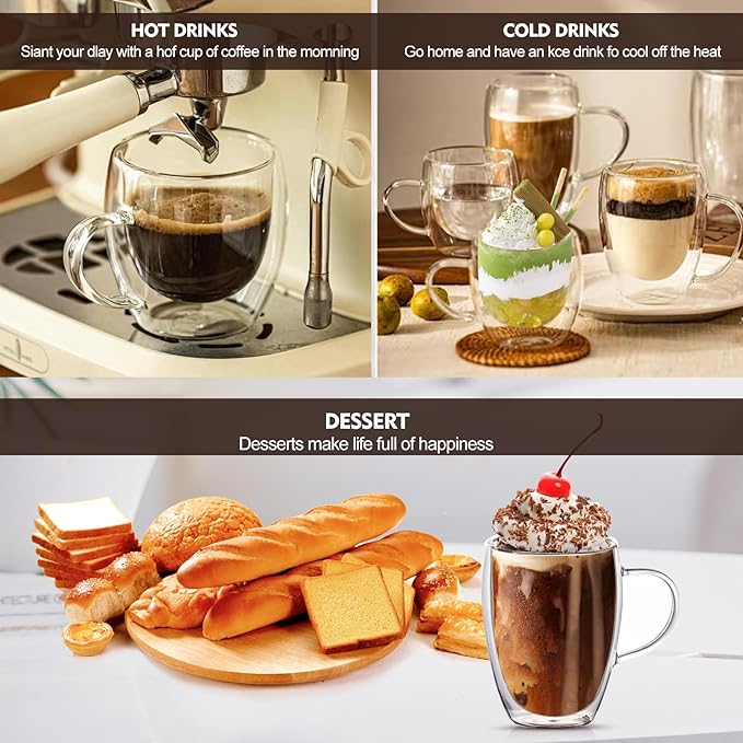 4 Pack 12oz Double Walled Glass Coffee Mugs with Bamboo Lid/Spoon, Clear Coffee Cups and Mugs Set of 4, Cappuccino Latte Glasses Cups, Espresso Mug Cups for Latte, Hot/Cold Drink