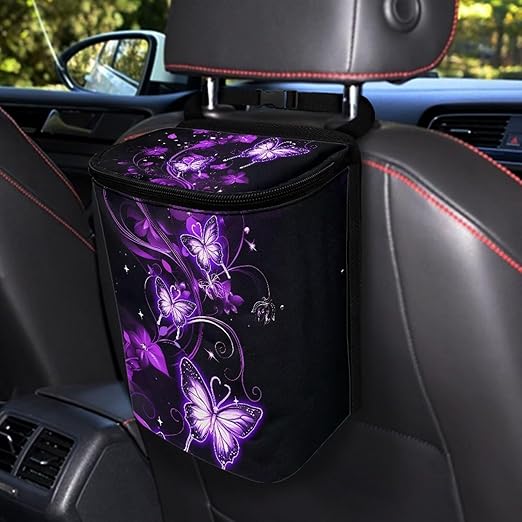 KEIAHUAN Purple Butterfly Car Garbage Bag Hanging Collapsible Large Capacity Garbage Can Portable Car Trash Can with Lid Collapsible Vehicle Interior Accessories for Women