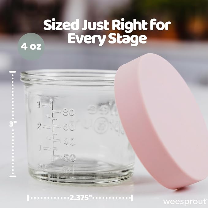WeeSprout Glass Baby Food Storage Jars with Silicone Lids (4 oz, 12 Pack Set) Snack, Puree, Reusable Small Containers, Breast Milk, Fridge or Freezer, Essential Must Have for Infants