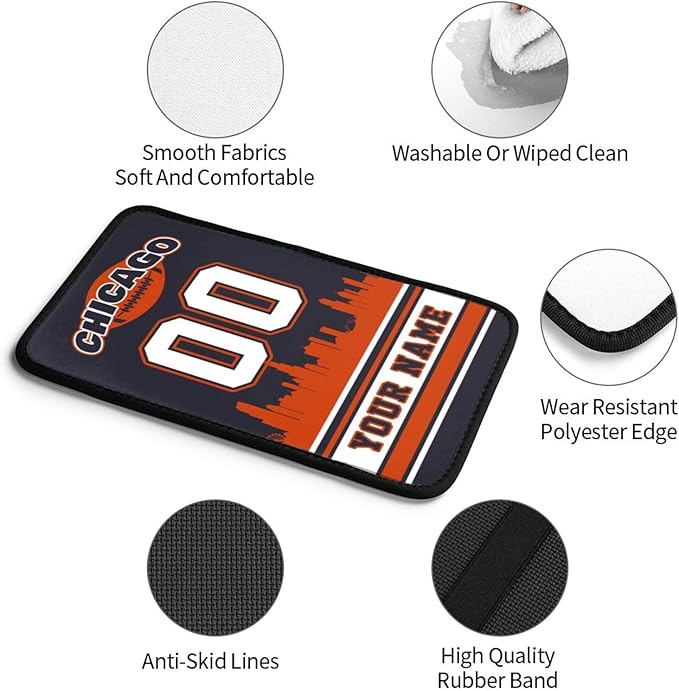 Custom Chicago Car Armrest Covers Personalized Football Style with Name Number Customized Auto Center Console Pad Car Handrail Box Cushion for Most Vehicle Decor Accessories, Fans Gift