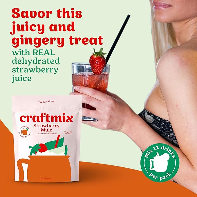 Craftmix Strawberry Mule Cocktail & Mocktail Drink Mixer, Skinny Mixes - Water Flavoring Packets - Made With Real Fruit - Vegan, Low-Carb, Low-Sugar, Non-GMO, Dairy Free, Gluten Free, 12 Pack