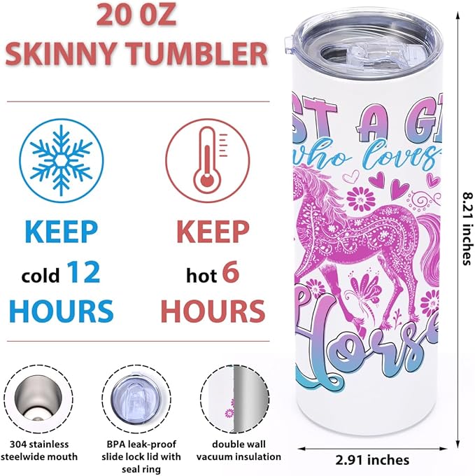 Horse Gifts, 20 Oz Straight Skinny Tumblers, Stainless Steel Tumbler, Double Wall Vacuum Travel Mug, Horse Stuff Animal Coffee Cup, Insulated Coffee Mug Thermal Cup for Home, Office, Outdoor