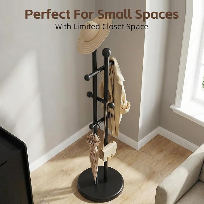 Uniclinens Wood Coat Rack Freestanding - Heavy Duty Freestanding Coat Rack, Wooden Coat Stand with 6 Hooks Creative Tree Branch-look for Entryway, Hallway, Bedroom (Black)