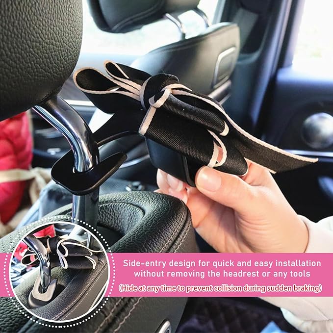 2 PCS Car Seat Headrest Hook, Cute Bow Knot Auto Seatback Hanger Storage Organizer, Vehicle Back Seat Hanging Hooks for Purse Coat Umbrella, Interior Decor Car Accessories (Black)