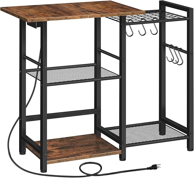 HOOBRO Bakers Rack with Power Outlet, Microwave Stand with Pots Rack, Kitchen Stand, Coffee Bar Table with 6 S Hooks, Kitchen Utility Storage Shelf for Spices, Pots, Black and Rustic Brown BF15UHB01G1