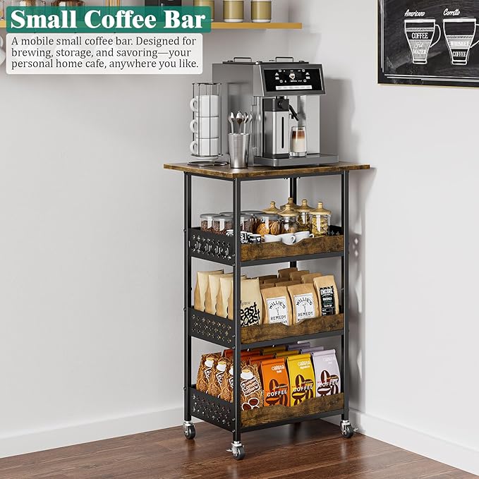 Giwil 4-Tier Rolling Kitchen Cart, Microwave Stand with Wooden Top Coffee Station Table Snack Rack Organizer, Utility Cart on Wheels for Onions Potatoes, Black