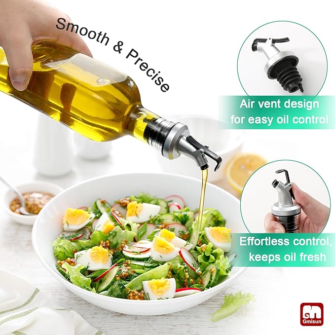 GMISUN Olive Oil Dispenser for Kitchen, 4 Pack 17 fl oz Glass Oil Dispensers Bottle, Cooking Soy Sauce Bottle Container Cruet with Plastic Pourer Spout, Funnel and Labels, Clear