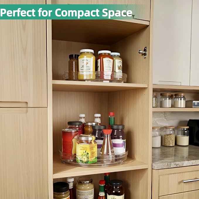 Optish 4 Pack 9.5" Lazy Susan Organizer, Lazy Susan Turntable for Cabinet, Spice Organization for Cabinet, Refrigerator, Pantry, Closet, Countertop, Non-Skid Turntable Organizer, Clear