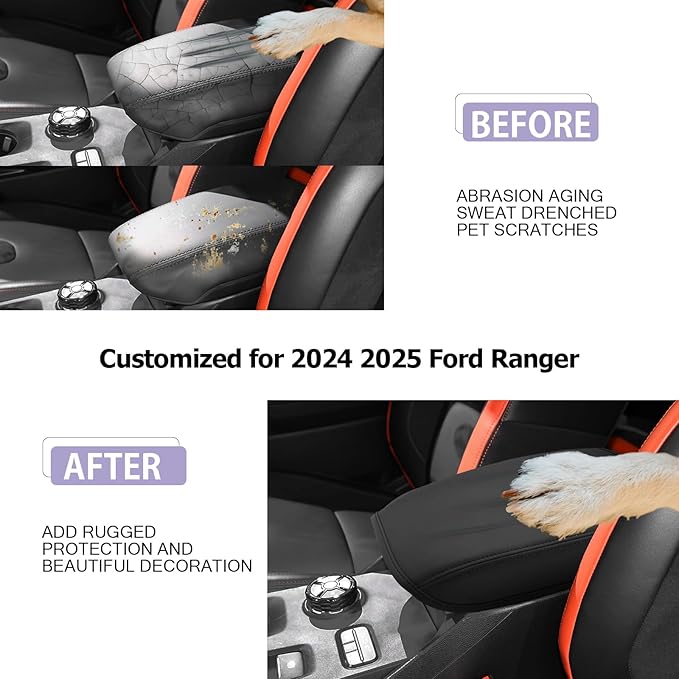 Ranger Center Console Cover Compatible with 2024 2025 Ford Ranger Accessories 2025 Ranger Armrest Cover Center Console Pad Ranger XL/XLT/Lariat/Raptor Armrest Console Cover Soft Leather,Thin Black