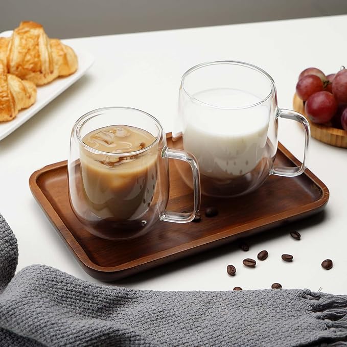 Double Wall Glass Coffee Mugs -11.8Oz Clear Insulated Glass Espresso Cups with Handle Mugs for Hot Beverages,set of 2 Perfect for Cappuccino Latte Americano Tea Bag (Large (2 PACK))
