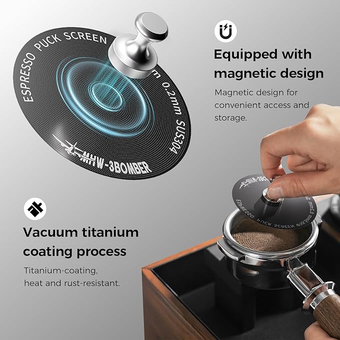 MHW-3BOMBER 54mm Espresso Puck Screen - 0.2mm Ultra Thin Espresso Puck - Metal Reusable Coffee Filter for Portafilter Basket 54mm - Puck Screen with Titanium Coating FG7047B-OS