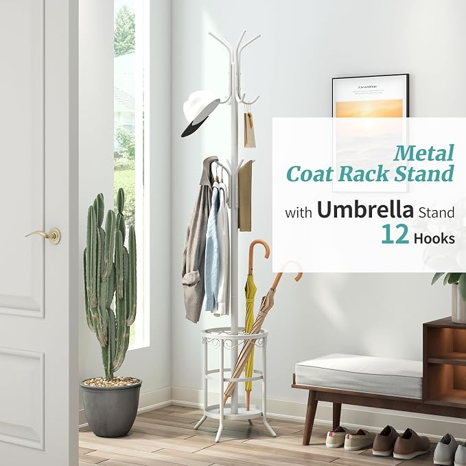 Coat Rack with Umbrella Holder, White Metal Coat Rack Stand with 12 Hooks, for Entryway, Hallway, Living Room, Bedroom