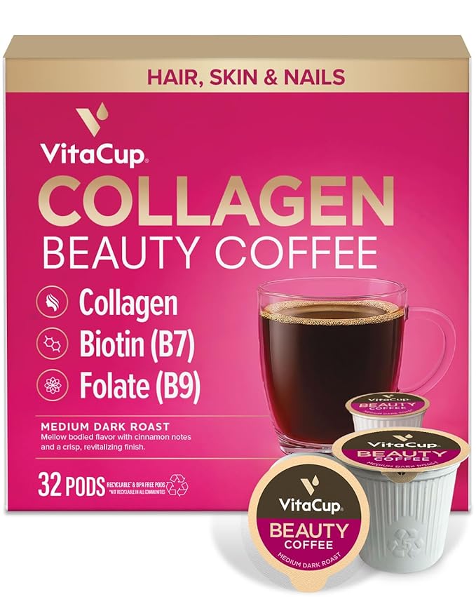 VitaCup Beauty Collagen Coffee Pods for Hair, Skin & Nails, with Biotin & Folate, Medium Dark Roast, Keto Friendly, Single Serve Pod Compatible with Keurig K-Cup Brewers,32 Ct