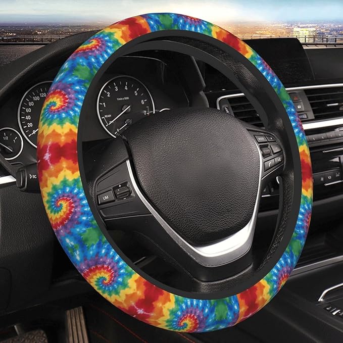 Colorful Tie Dye Car Steering Wheel Cover, 15 Inch Steering Wheel Cover Stylish Decor for Most Cars