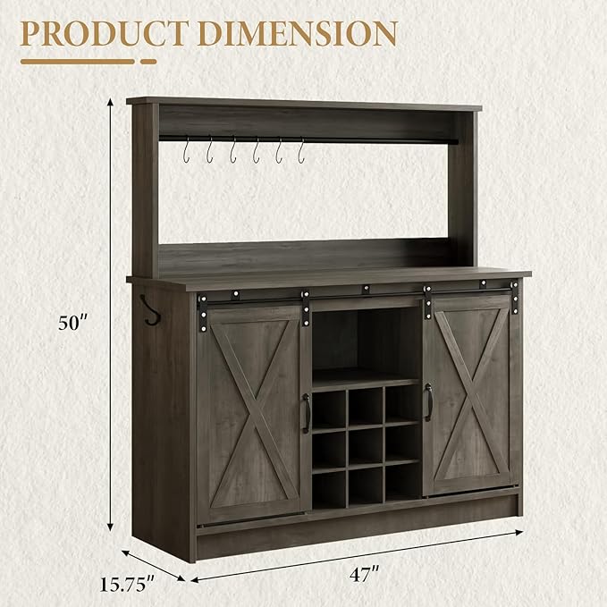 4ever2buy Farmhouse Coffee Bar Cabinet with Hutch, 47 Inch Wine Bar with Storage, Buffet Cabinet with Adjustable Shelves & 9 Wine Racks, Kitchen Buffet Cabinet for Dining Living Room, Grey