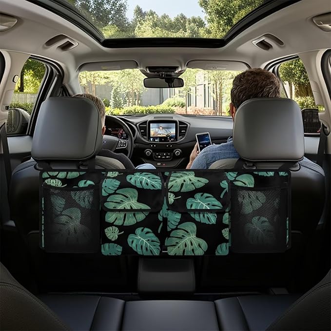 Tropical Palm Leave Large Capacity Car Trunk Organizer, Waterproof Oxford Backseat Hanging Storage Bag with 4 Pockets, Foldable Car Organization for Car Tools, Car Accessory for SUV Truck
