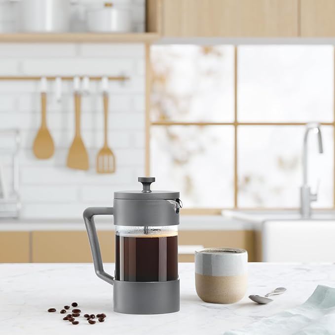 Oggi Borosilicate Glass French Press Coffee Maker (20oz)- 5 Cup Capacity, Coffee Press, Single Serve Coffee Maker, Stainless Steel Lid & Plunger, Make Great Coffee Gifts, Gray