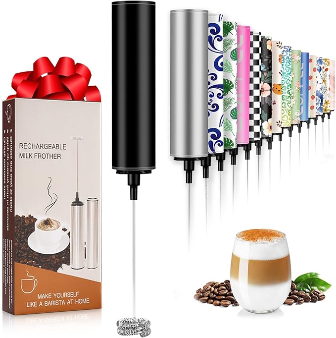 Milk Frother Handheld Rechargeable - 2-Speed Electric Whisk with 5 Detachable Heads (Frother/Mixer/Whisk) for Coffee, Latte, Cappuccino & Matcha, Drink Mixer (Black)