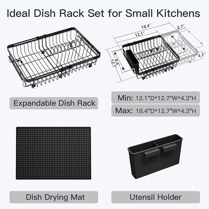 MAJALiS Dish Drying Rack Over The Sink with Utensil Holder, Mat | Expandable Stainless Steel Dish Drainer for Small Kitchen, Apartment, RV, Counter Space Saving, Perfect Fit, Rustproof