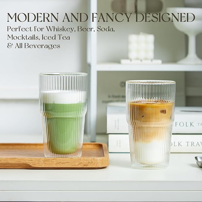 KEMORELA Iced Coffee Cups 16oz Ribbed Double Wall Glass Cups 2PCS, Coffee Bar Accessories，Insulated Borosilicate Glass Tumblers, To Go Coffee Cups, Spill proof tumbler,tumblers & water glasses