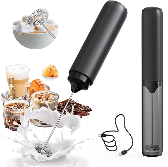 Rechargeable Milk Frother Handheld with Cover Electric Handheld Foam Maker Portable Drink Mixers for Matcha,Lattes and Cappuccino, Black