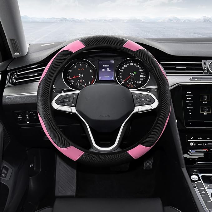Car Steering Wheel Cover, Steering Wheel Protector, Universal 14.5-15 Inch Microfiber Leather Breathable Auto Steering Wheel Covers, Carbon Fiber Steering Wheel Cover for Women Men (Pink)