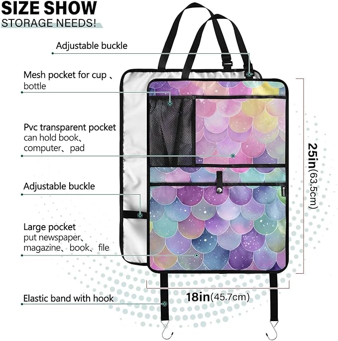 2 Pack Back Seat Car Organizer with Storage Pockets Kick Mats Back Seat Protector Hanging Car Organizer Automotive Seat Back Cover Organizers Watercolor Mermaid Scales Colors
