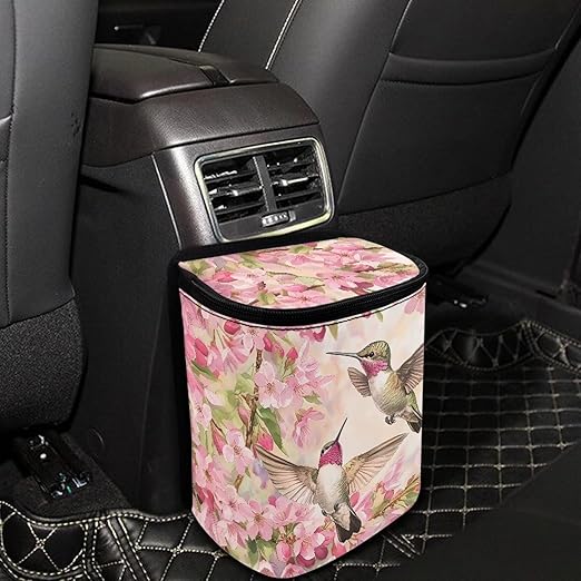Cars Trash Can with Lid Car Garbage Can Car Waste Basket, Leak-Proof Cars Trash Bin, Van Truck Trash Hanging Sedan Accessories Interior Organizer Bag, Birds Cherry Floral Print
