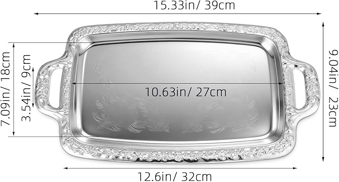 STOBAZA Silver Serving Tray, Metal Coffee Table Ottoman Tray with Handles, Rectangle Butler Plate for Breakfast in Bed, Table Decor - 15.3X9X0.67inch
