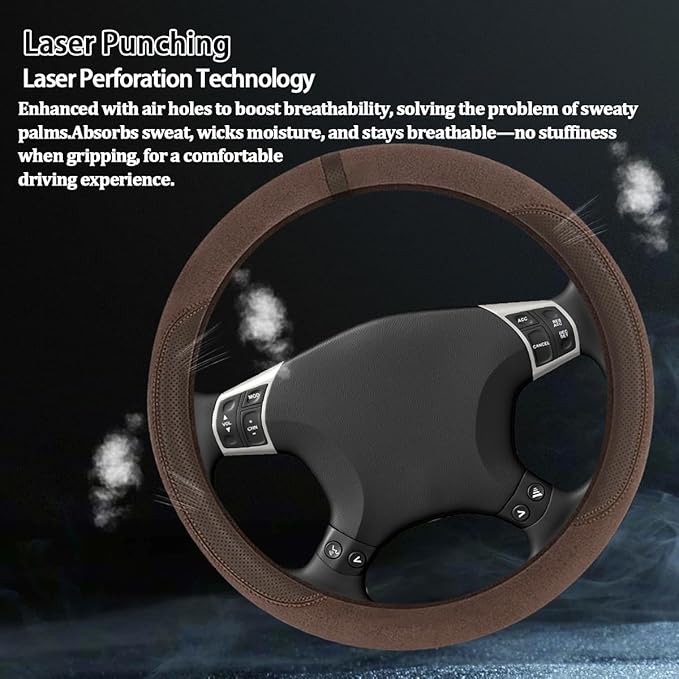 HZEL Car Steering Wheel Cover, Non-Slip Suede Leather Breathable Vehicle Steering Wheel Protector with Inner Ring, Automotive Interior Protective Accessories, Universal Fit (Coffee)