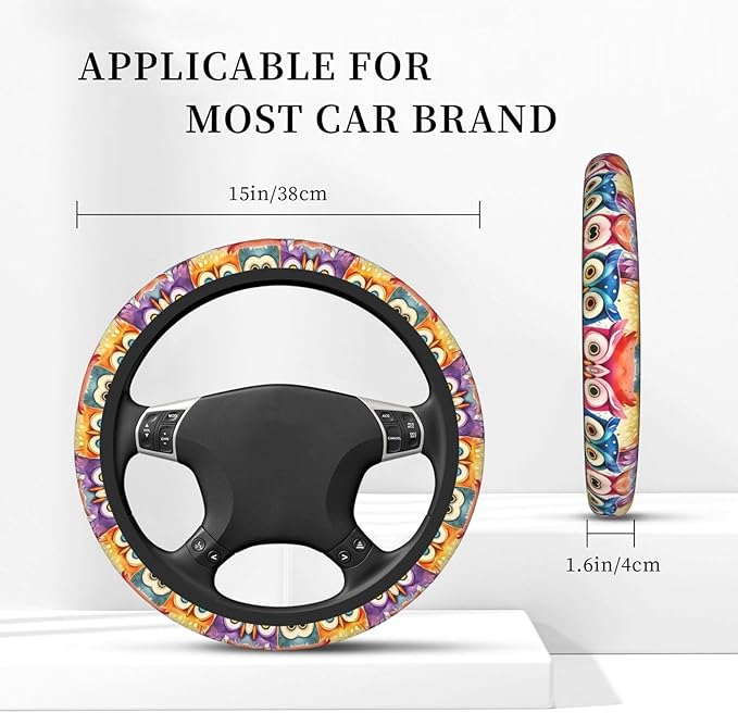 Colorful Owls Pattern Car Steering Wheel Cover, 15 Inch Steering Wheel Cover Stylish Decor for Most Cars