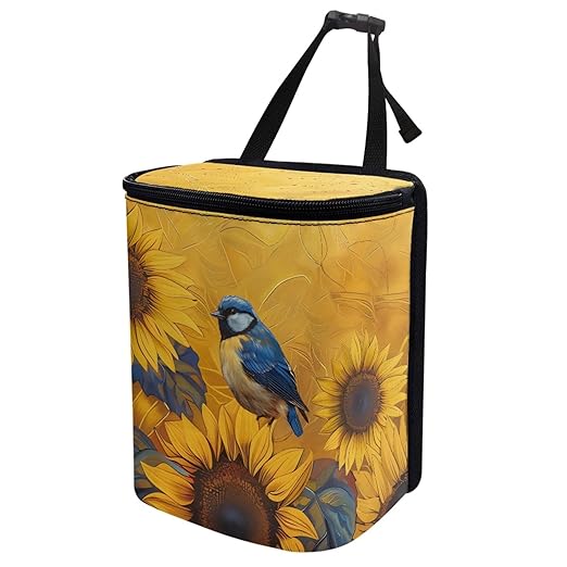Sunflower Blue Bird Car Trash Can, Stylish Trash Bin Leak-Proof Zipper Design for Back Seat