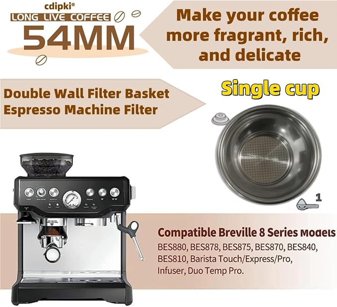 1 cup 54 mm Dual Wall coffee Filter Basket compatible with Breville BES870/875/880/878/890/500/ Express Espresso Machine BES870XL Filter Basket