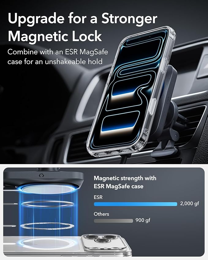 ESR for 15W MagSafe Car Mount Charger with CryoBoost, Made for Apple-Certified, for MagSafe Car Mount, Magnetic Wireless Car Charger for iPhone 17e/17-12, S26/S25, Fast Charging, Phone-Cooling Charger