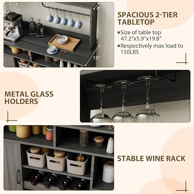 47 in Farmhouse Coffee Bar Cabinet with Charging Station & Wine Racks, Rustic Wood Kitchen Buffet Cabinet, Wine Bar Table for Dining Room Living Room, Grey