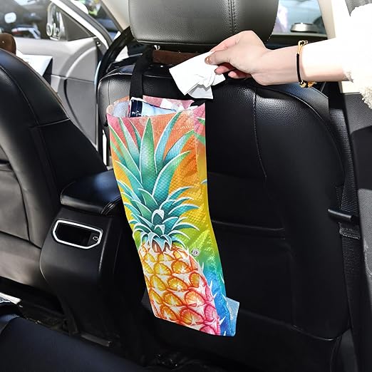 ALAZA Hanging Car Trash Bags Garbage Bag Trash Can for Back Seat Small Colorful Pineapple Washable Storage Bag Retractable 2 Pack