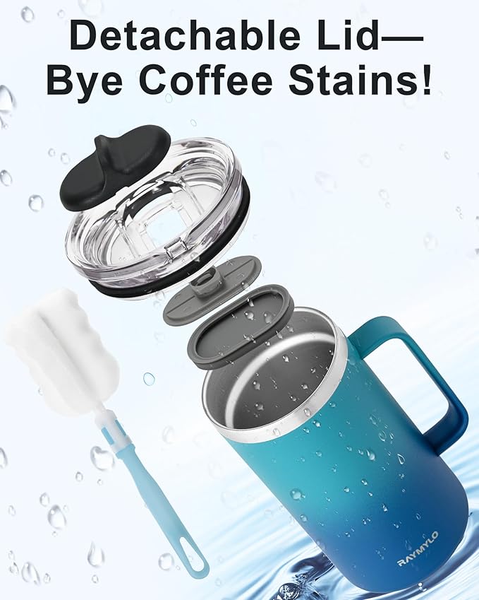 Insulated Coffee Mug 24 oz, Double Wall Stainless Steel Coffee Mug with Lids, Leak-Proof & Detachable Slider Lid for Thorough Clean, Keeps Coffee Cold for 9 Hrs, Suitable for Camp Home Office