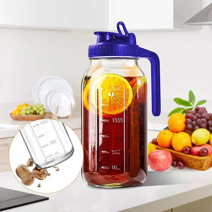64oz Glass Pitcher with Lid, 2 Quart Mason Jar Pitcher with Lid and Spout, Wide Mouth Breast Milk Pitchers Glass Jug Sun Tea pitcher, Cold Brew Coffee Pitchers, Fridge Container for Water, Juice, Tea