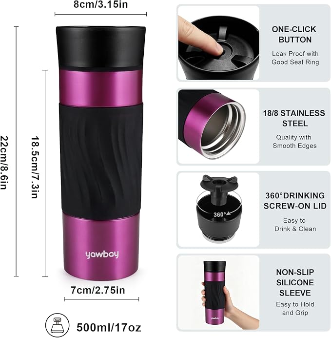 Travel Coffee Mug with 360°Lid, Travel Coffee Tumbler 16 oz Leak Proof, Stainless Steel Insulated Travel Mugs for Hot and Cold Spill Proof(MetPaintViolet)