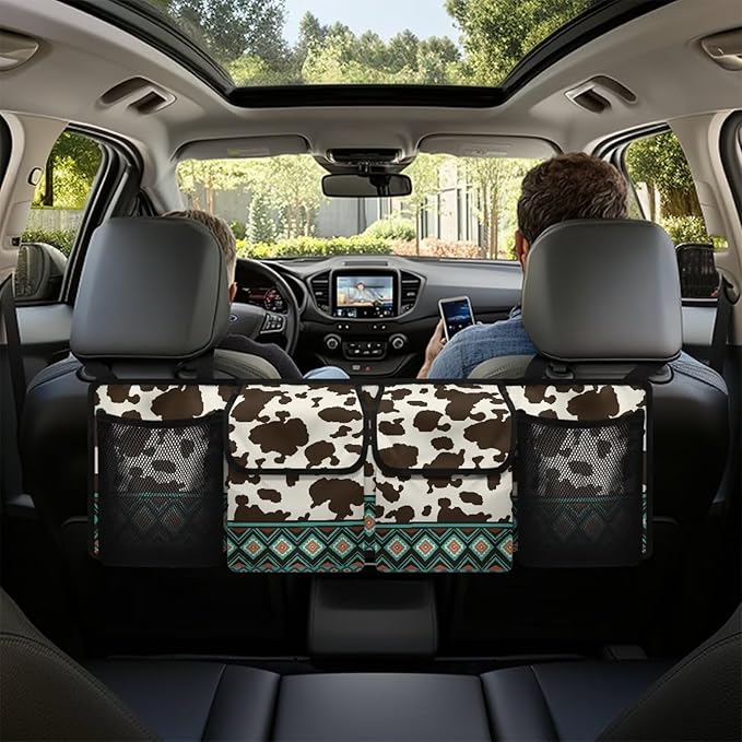 SEANATIVE Cow Ethnic Tribal Back Seat Trunk Organizer Hanging Car Organizer Trunk Foldable Cargo Storage with 4 Large Pockets 3 Adjustable Straps Car Interior Accessories 37.01x11.81inch