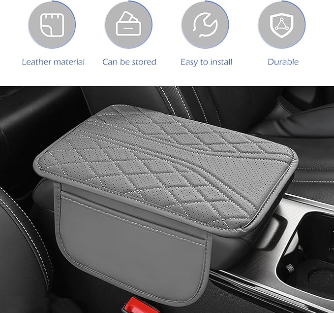 Car Center Console Cover, Strong Support Waterproof Armrest Box Booster Cushion, Leather Slow Rebound Armrest Box Cover with Side Storage Pocket, Universal Elbow Protection Pad (Gray)