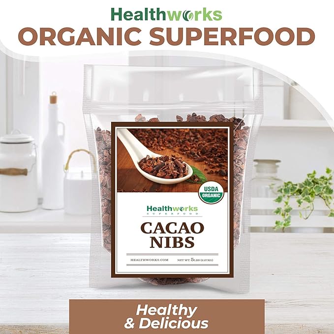Healthworks Superfoods Cacao Nibs Organic - 80 Oz / 5 Lb - Criollo Bean - Raw Unsweetened Chocolate Substitute - Certified Organic - Keto, Vegan & Non-GMO - Antioxidant