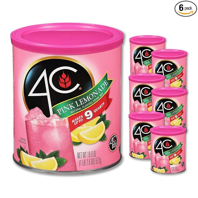4C Powdered Drink Mix Canister, Pink Lemonade 6 Pack, 9 Quarts, Family Sized Bin, Thirst Quenching Flavors