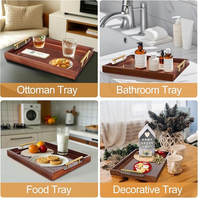 Ottoman Tray, Large Wooden Serving Tray with 2 Sets of Handles for Coffee Table, Rustic Living Room Kitchen Decor, 4 Round Coasters Included, Dark Brown