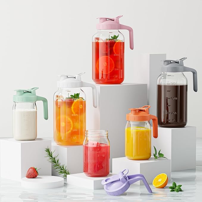Glass Mason Jar Pitcher, 64 oz Wide Mouth Jug with Pour Spout Handle Lid for Cold Brew Coffee, Ice Beverage, Iced Juice, Lemonade, Sun Tea, Fruit Drinks Container（2PACK）
