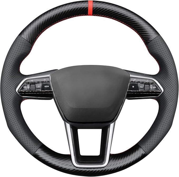 MEWANT Hand Stitch Steering Wheel Cover for Audi A6 2019-2022 A6 Allroad 2020-2022 A7 2019-2022 RS 6 Avant 2021-2022 RS 7 2021-2022 S6 2020-2022 Real Leather PU Carbon Fiber DIY Interior Accessories