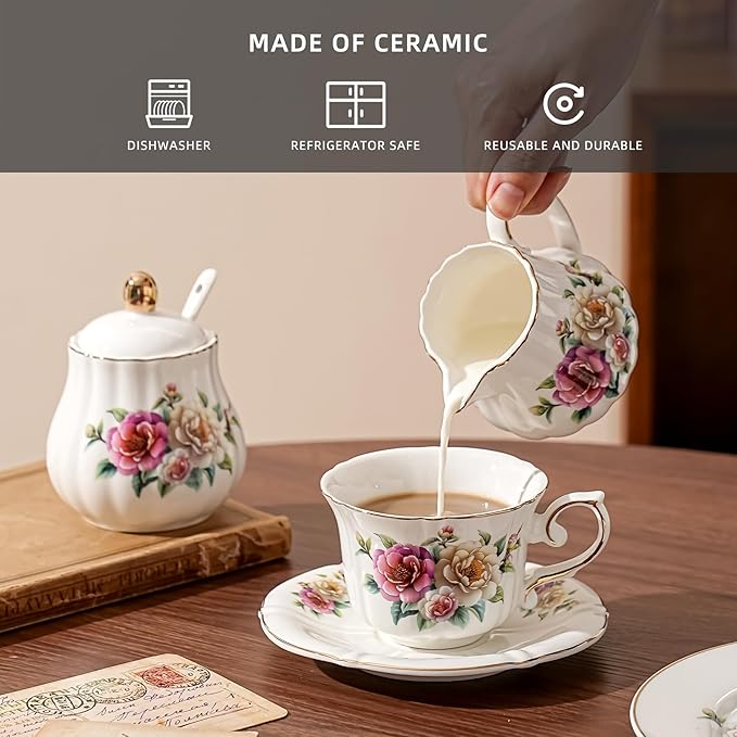 Ceramic Sugar and Creamer Set, 3 Piece Set with Cream Pitcher, Sugar Bowl, Spoon (Camellia)