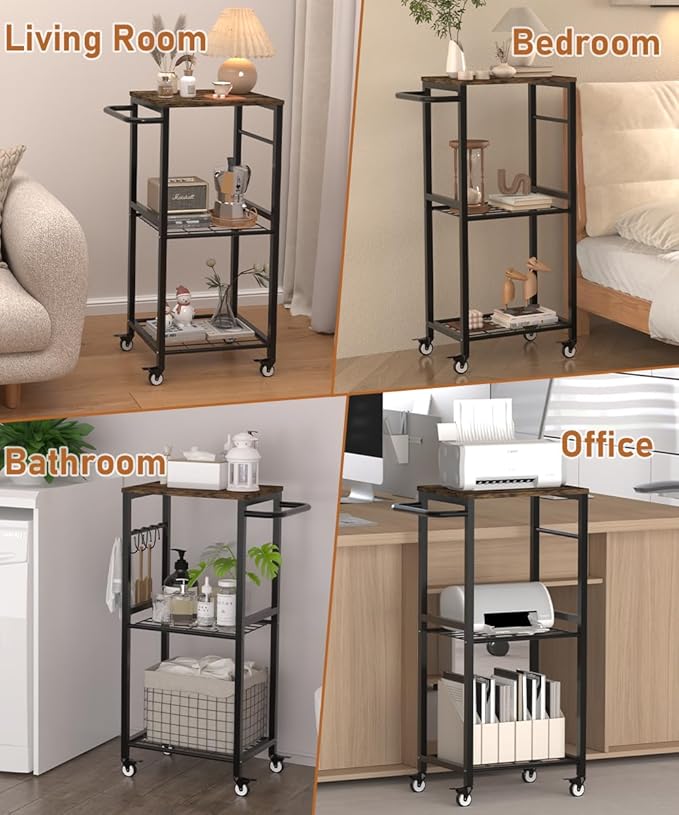 Kitchen Microwave Stand Cart with Storage Rack | 3-Tier Rolling Kitchen Side Table on Wheels with 8 Hooks, Utility Small Coffee Shelf Organizer for Living Room, Bedroom, Bathroom, Office, Black